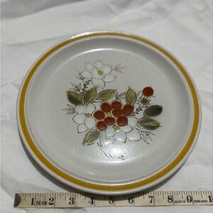 Vintage Stoneware Floral Patterned Plate with Yellow Rim